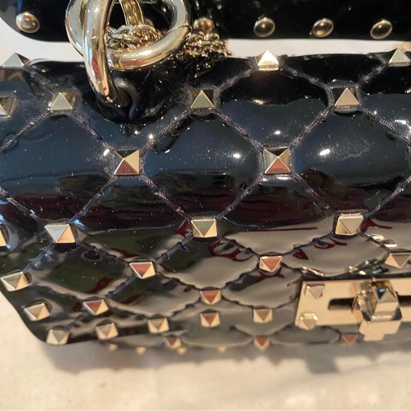 Valentino Black Rockstud Spike Flap Bag Quilted Patent Leather Small - Picture 5 of 15